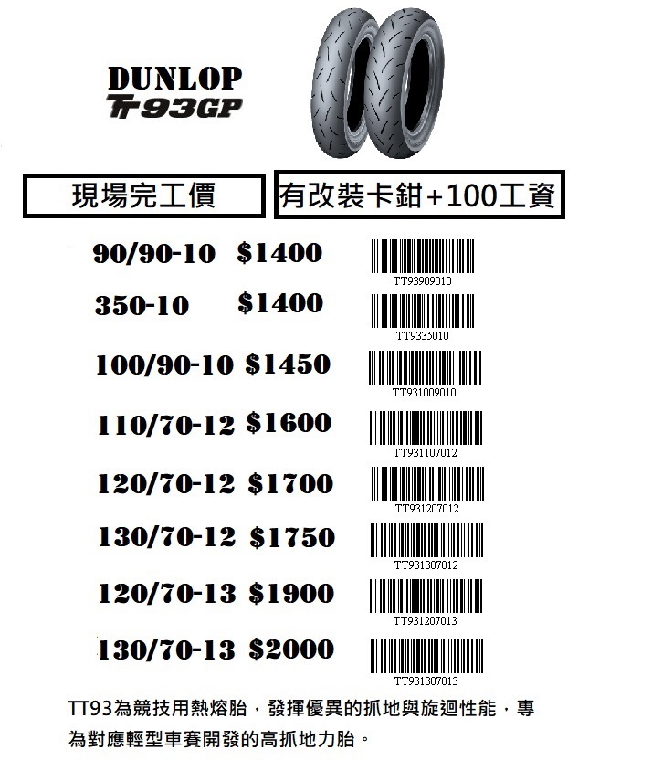 DUNLOP TT93GP  機車輪胎 現場完工價